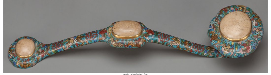 A Chinese CloisonnÃ©, Gilt Bronze, and Hardstone: A Chinese CloisonnÃ©, Gilt Bronze, and Hardstone Ruyi Scepter, 13 inches long (33.0 cm)