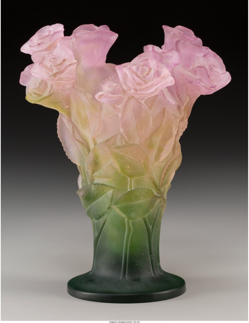 A Daum Pink and Green Pate-de-Verre Glass Roses : A Daum Pink and Green Pate-de-Verre Glass Roses Vase