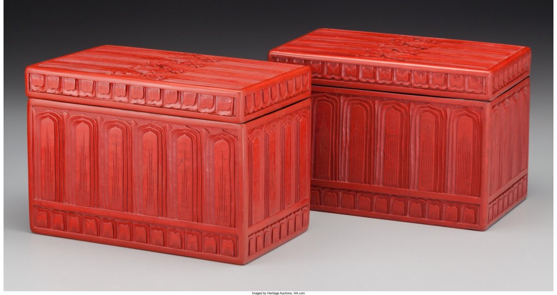 A Pair of Chinese Lacquered Boxes 4-1/2 h x 6-1/: A Pair of Chinese Lacquered Boxes4-1/2 h x 6-1/2 w inches (11.4 x 16.5 cm) The pai
