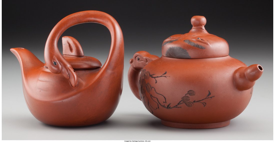 Two Chinese Yixing Pottery Figural Teapots Marks: Two Chinese Yixing Pottery Figural Teapots Marks: (impressed character marks to each) 4