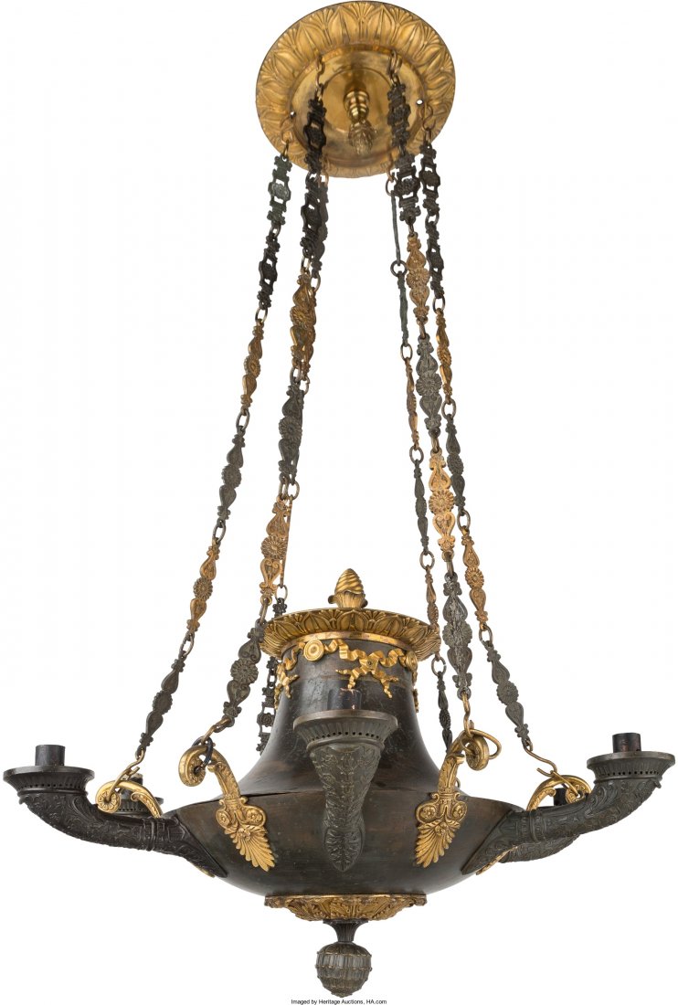 An English Regency Style Patinated and Gilt Bron: An English Regency Style Patinated and Gilt Bronze Six-Light Chandelier in the Manner of Thomas Hope</