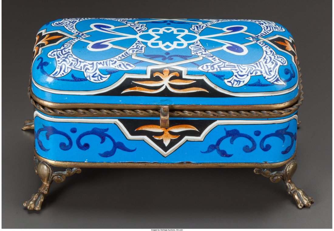 A Blue Enameled Porcelain Box with Gilt Bronze M: A Blue Enameled Porcelain Box with Gilt Bronze Mounts, early 20th century Marks: LM