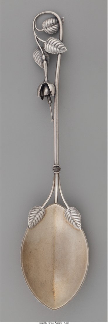 An American Aesthetic Movement Partial Gilt Silv: An American Aesthetic Movement Partial Gilt Silver Floral Dessert Spoon, circa 1880 Ma