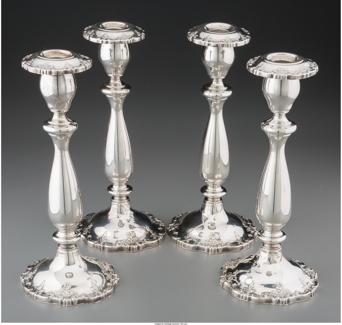 A Set of Four Fisher English Rose Pattern Weight: A Set of Four Fisher English Rose Pattern Weighted Silver C