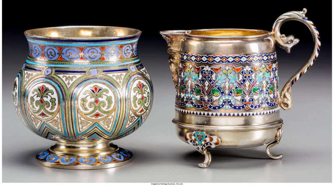 A Russian Gilt Silver and Enamel Sugar Bowl with: A Russian Gilt Silver and Enamel Sugar Bowl with Marius Hammer Creamer, 19th-20th centuries