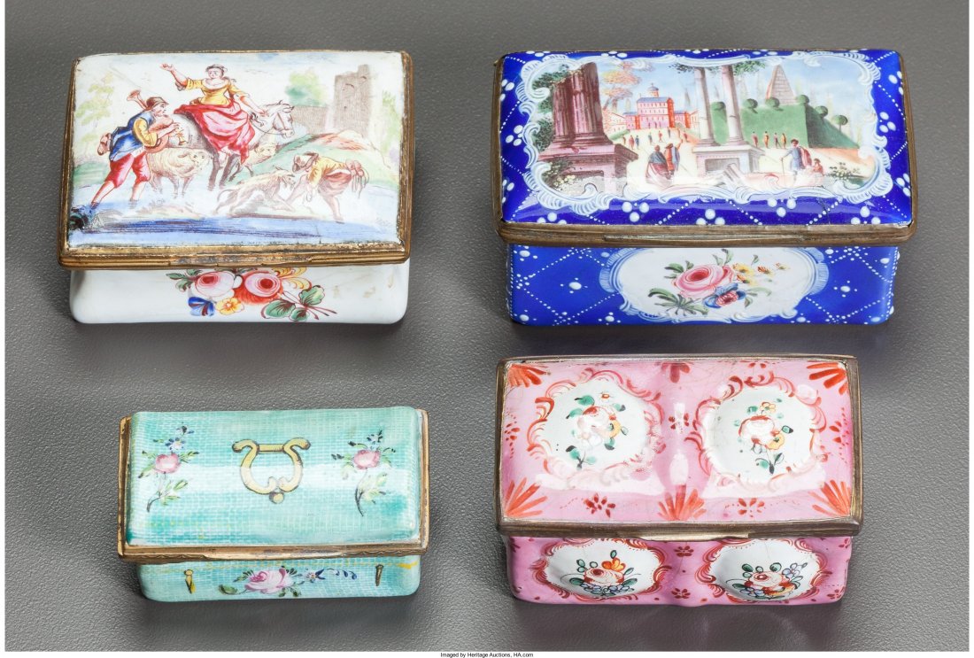 Four English Enameled Metal Rectangular Snuff Bo: Four English Enameled Metal Rectangular Snuff Boxes, early 19th century 1-3/4 inches h