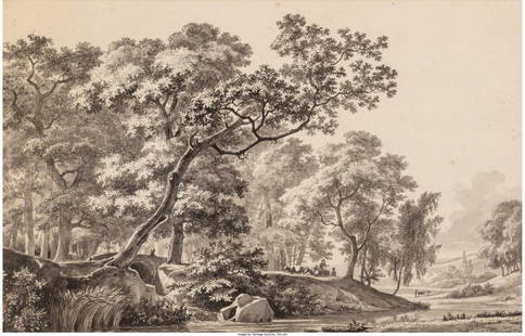 Jean-Louis Demarne (French, 1750-1829) Wooded La: Jean-Louis Demarne (French, 1750-1829)Wooded Landscape with Figures and CattleInk on paper8-1/4 x 12-3/4 inches (21 x 32.4 cm) (sight) Alternate Artist Spellings: "De Marne, Jean