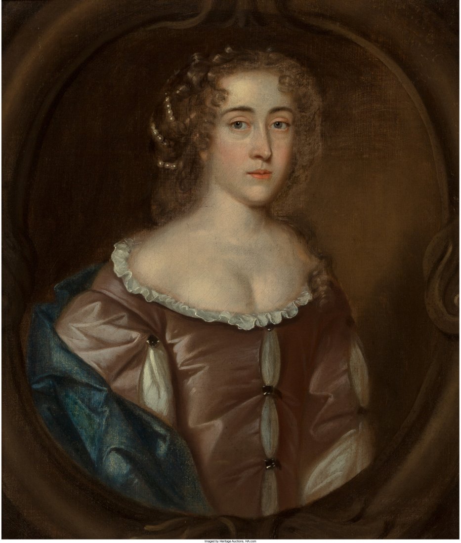 British School Portrait of Lady at half-length: British School Portrait of Lady at half-length in lavender dress and pearls in her