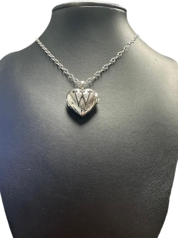Natural Black Diamond "W" Initial Locket Necklace: Sterling Silver-18" Length Natural Black Diamond 364186