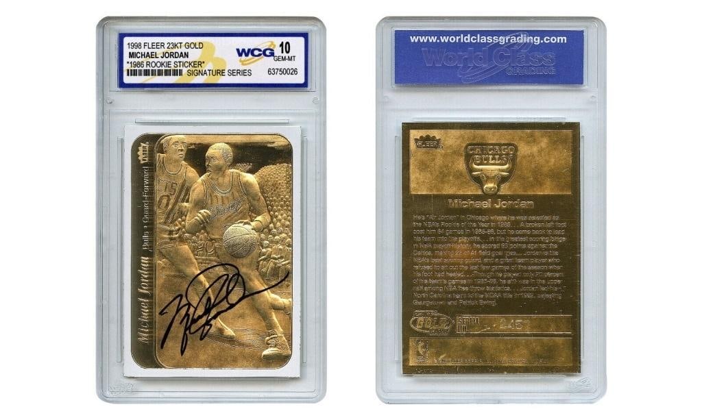 23K Gold Michael Jordan Rookie Card: MICHAEL JORDAN '98 FLEER STICKER 1986 ROOKIE 23K Gold Signature Series - GEM 10 nc28 #189164