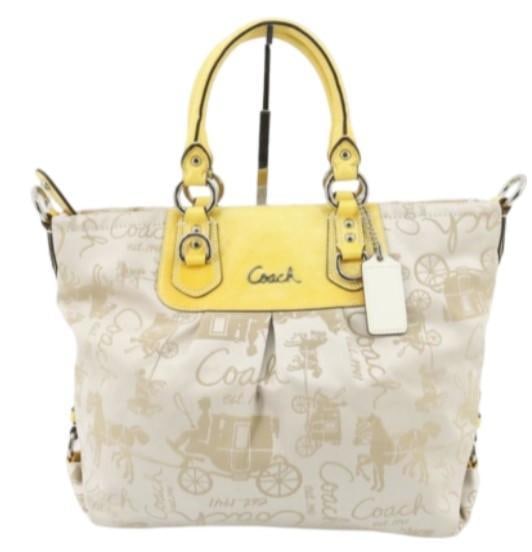 Coach Tan & Yellow Horse-drawn Carriage Bag: Important information regarding luxury brand items: Please carefully review the photographs provided as these items are pre-owned and may exhibit varying degrees of wear. Due to the nature of these it