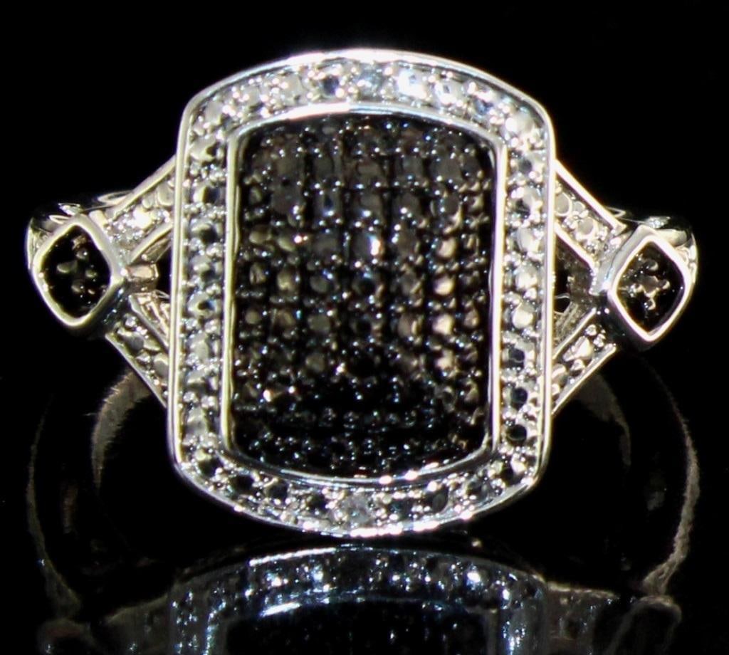 Genuine Black & White Diamond Accented Ring: Size: 7 Sterling Silver Gemstones: Lab Created