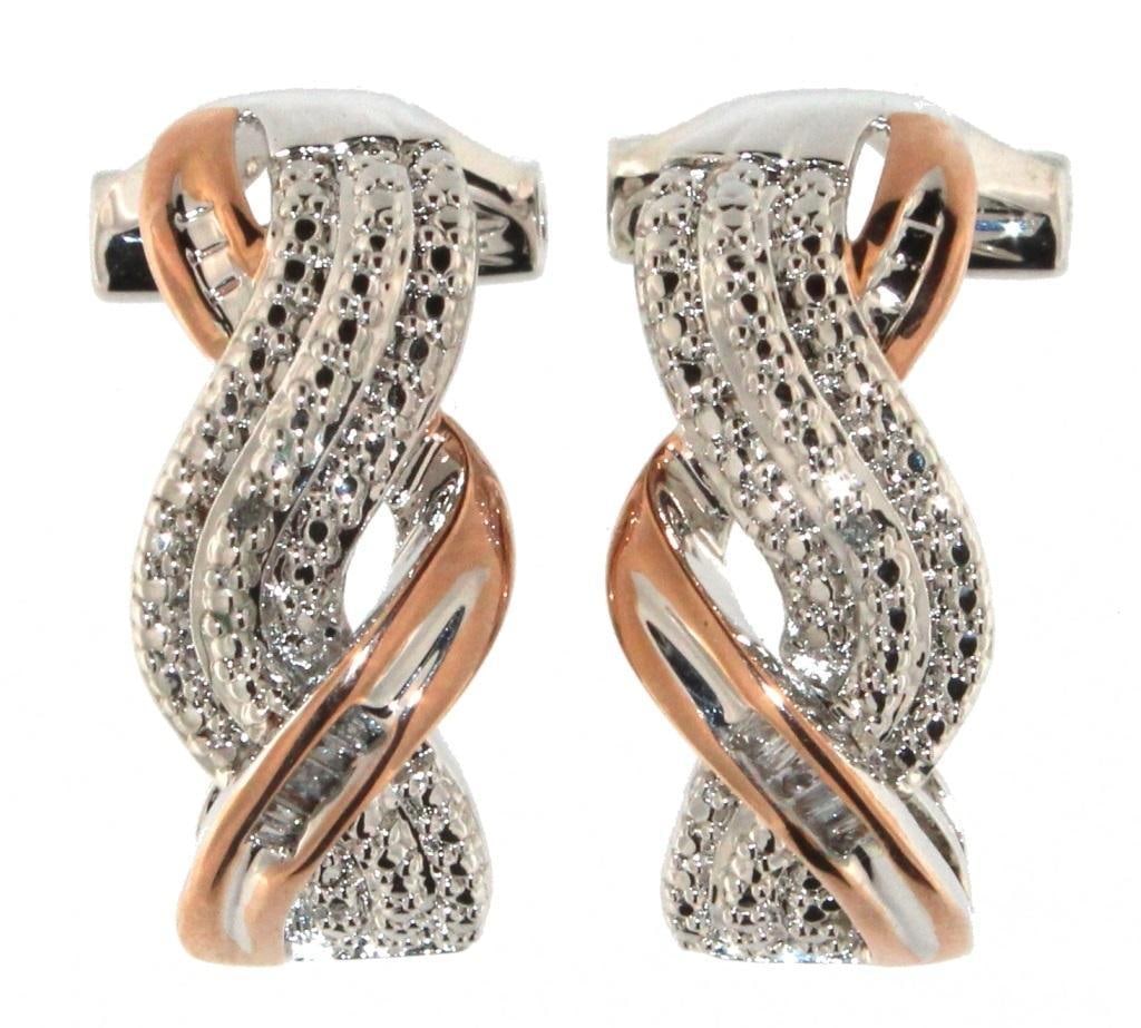 Two Tone Diamond Accented French Lock Earrings: Rhodium Overlay Brass w/Rose Gold Accent