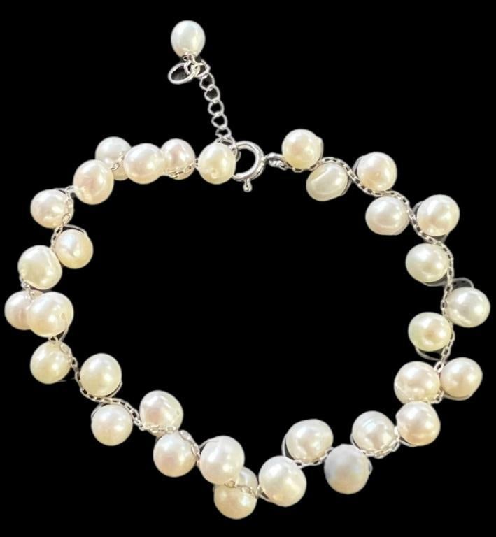 Brilliant 6mm Station Pearl Bracelet: Sterling Silver