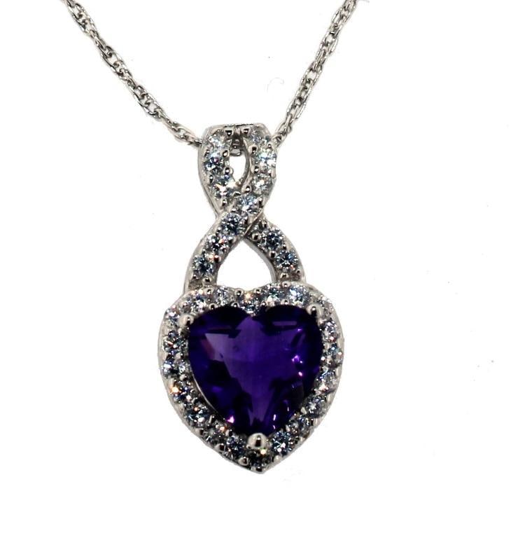 Beautiful Amethyst & White Sapphire Heart Pendant: Sterling Silver Gemstones: Created