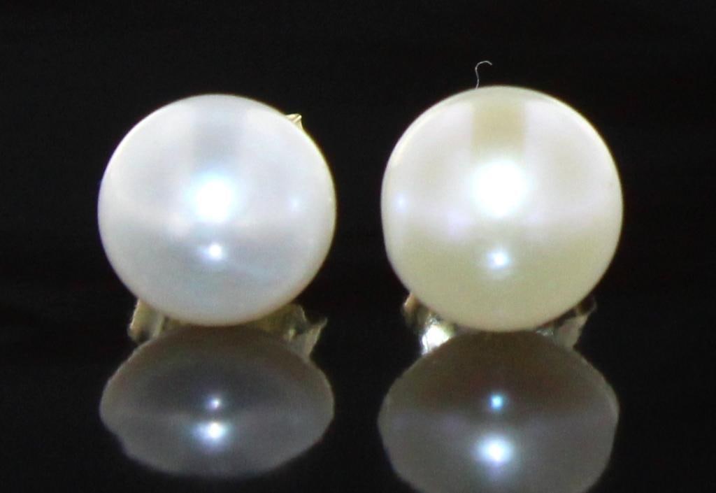 Round 7.30 mm Pearl Stud Earrings: 14kt Gold Over Sterling Silver