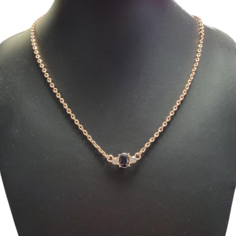 Rose Tone Natural Oval Sapphire & Crystal Necklace: Rose Gold/ Brass