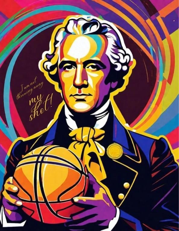 Hamilton Not Throwing Away My Shot by Charis: Inspired by the Broadway smash "Hamilton" and it's premier song "Not throwing away my shot" - this image depicts Alexander Hamilton with a basketball.