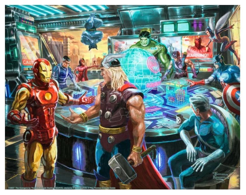 The Avengers by Kinkade: This item ships for $19 Image Size: 11 x 14 Printed on premium Satin Art Paper Long-life pigment inks that outperform conventional press inksCertificate of Authenticity Included Presented in a full si