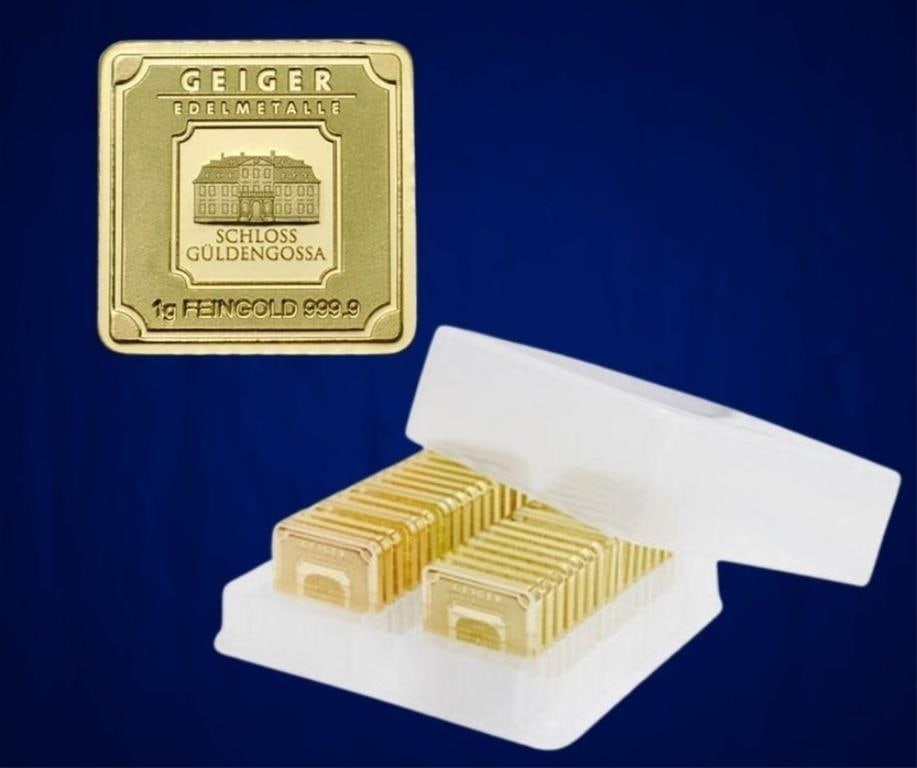 30 x 1 gram .999 Gold Geiger Bar Box: BID IS PER BAR QTY: 30