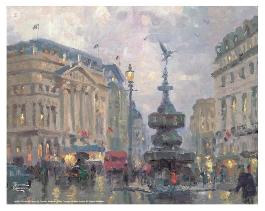 Piccadilly Circus, London by Thomas Kinkade: This item ships for $19 Image Size: 11 x 14 Printed on premium Satin Art Paper Long-life pigment inks that outperform conventional press inksCertificate of Authenticity Included Presented in a full si