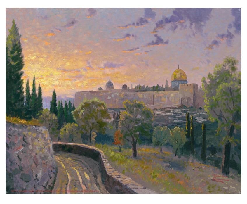 Jerusalem Sunset by Thomas Kinkade: This item ships for $19 Image Size: 11 x 14 Printed on premium Satin Art Paper Long-life pigment inks that outperform conventional press inksCertificate of Authenticity Included Presented in a full si