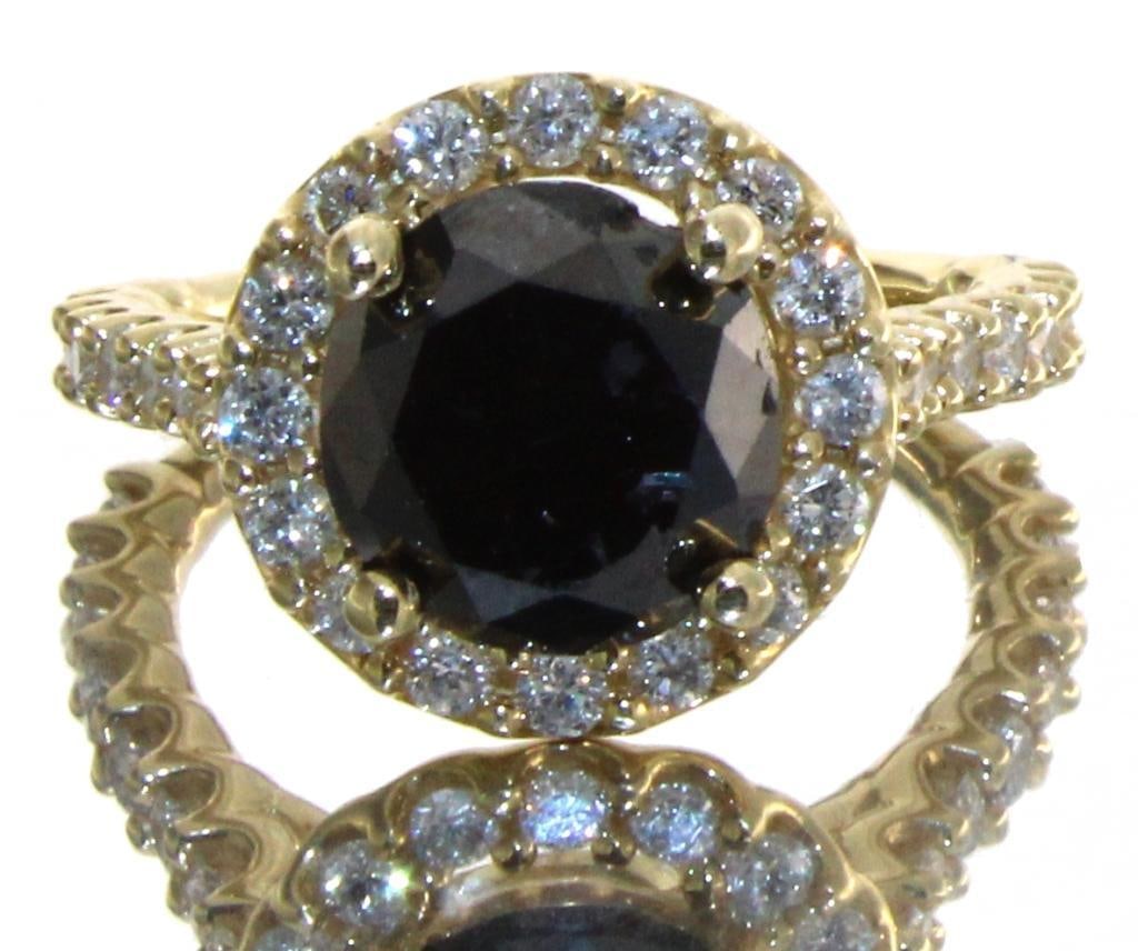 14kt Gold 3.95 ct Round Black Diamond Halo Ring (1 of 7)