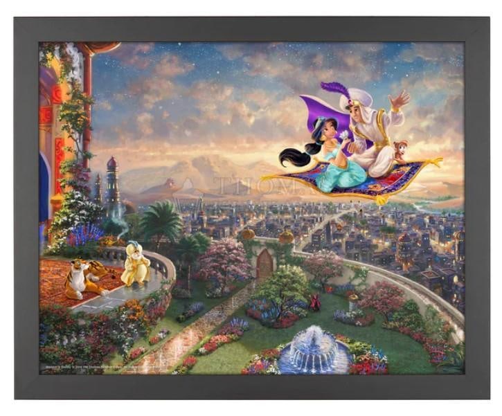 Disney Alladin Framed Print by Kinkade: This item ships for $39 Image Size: 11 x 14 Printed on premium Satin Art Paper Long-life pigment inks that outperform conventional press inksCertificate of Authenticity Included Presented in a full si