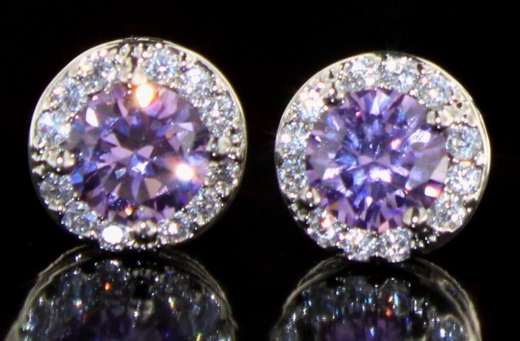 Round Amethyst & White Topaz Halo Stud Earrings: Rhodium/Brass Created Stones