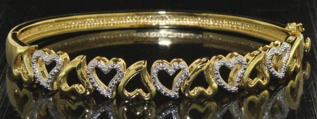 Beautiful Diamond Accent Heart Bangle Bracelet: 22kt Gold/Brass