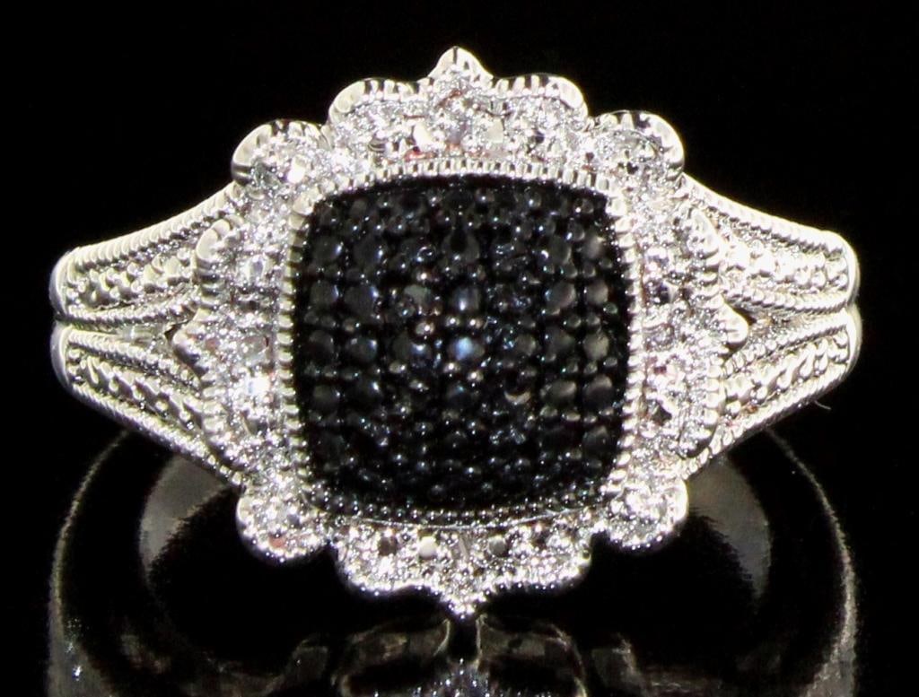 Genuine Elegant Black & White Diamond Ring: Size: 7.25 Rhodium / Brass