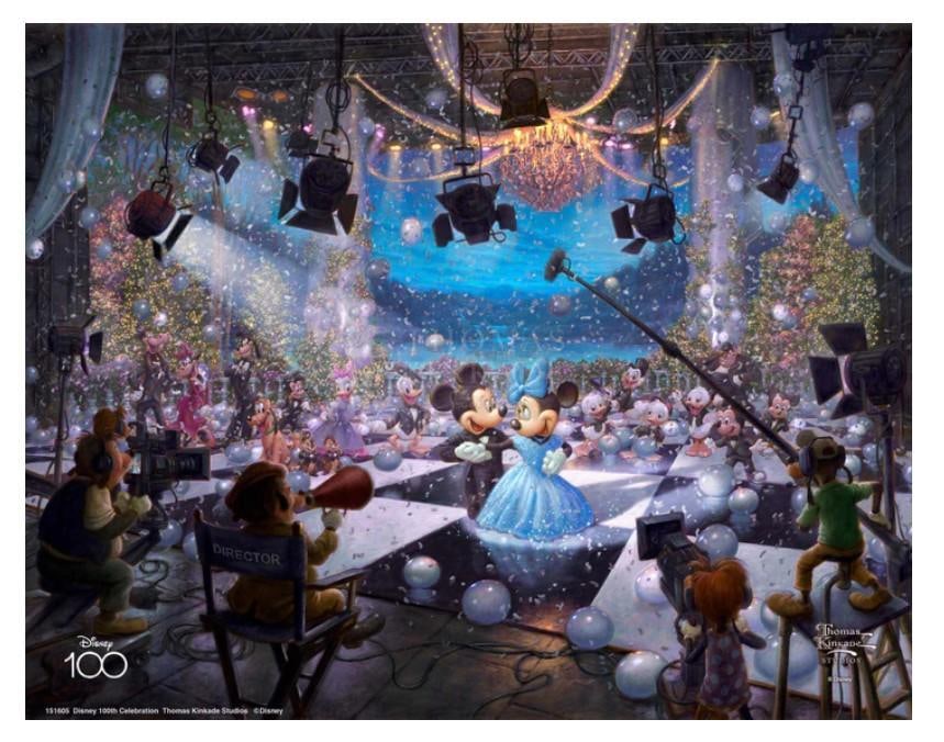 Disney 100th Celebration by Thomas Kinkade Studios: This item ships for $19 Image Size: 11 x 14 Printed on premium Satin Art Paper Long-life pigment inks that outperform conventional press inksCertificate of Authenticity Included Presented in a full si