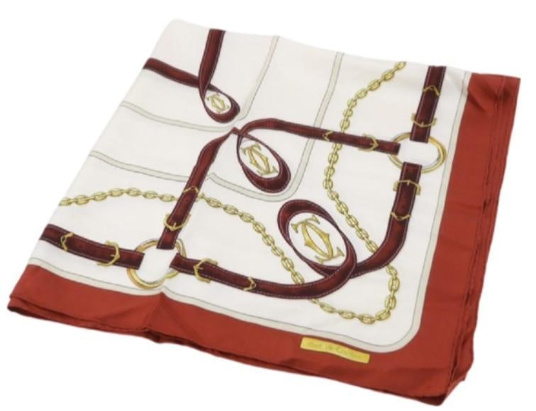 Cartier Red & Cream Gold Chains Scarf: Important information regarding luxury brand items: Please carefully review the photographs provided as these items are pre-owned and may exhibit varying degrees of wear. Due to the nature of these it