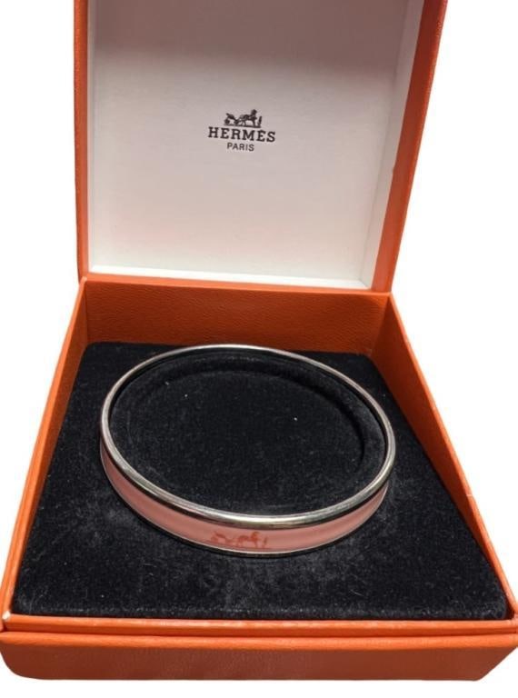 Hermes Pink Enamel Bangle Bracelet: Important information regarding luxury brand items: Please carefully review the photographs provided as these items are pre-owned and may exhibit varying degrees of wear. Due to the nature of these it