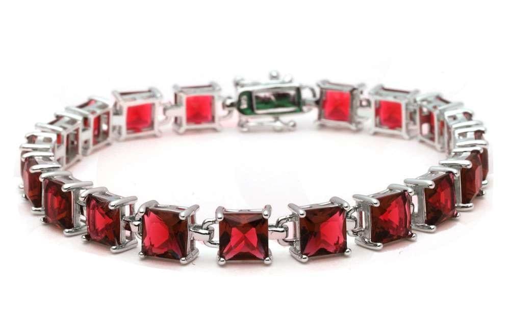 Princess Cut 24.00 ct Garnet Tennis Bracelet: Sterling Silver. 7.5" Length