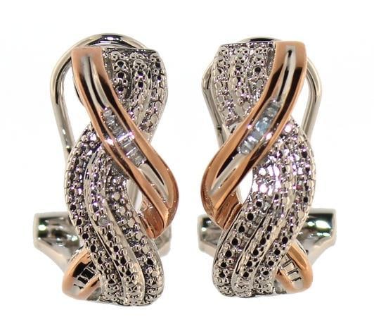 Two Tone Baguette Diamond French Lock Earrings: Rhodium Overlay Brass w/Gold Accent Natural Diamond