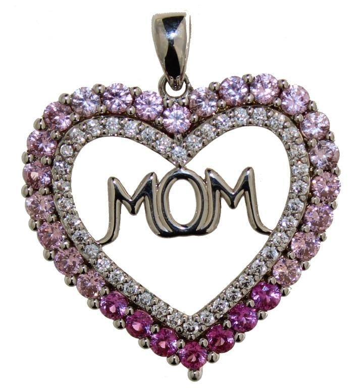 Graduated Pink "Mom" Heart Pendant: Rhodium Overlay Brass