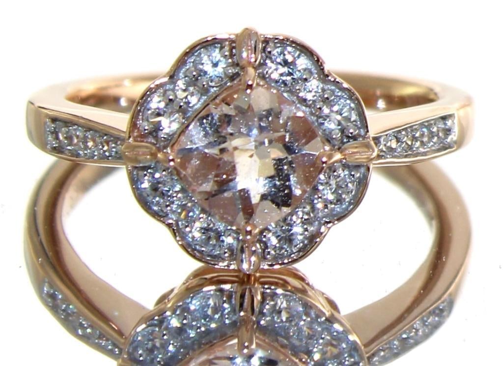 Cushion Cut Natural Morganite & Zircon Ring: 14kt Rose Gold Over Sterling Silver Size:7.25