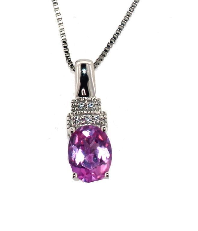 Brilliant Pink & White Sapphire Necklace: Sterling Silver Gemstones: Created Chain Included
