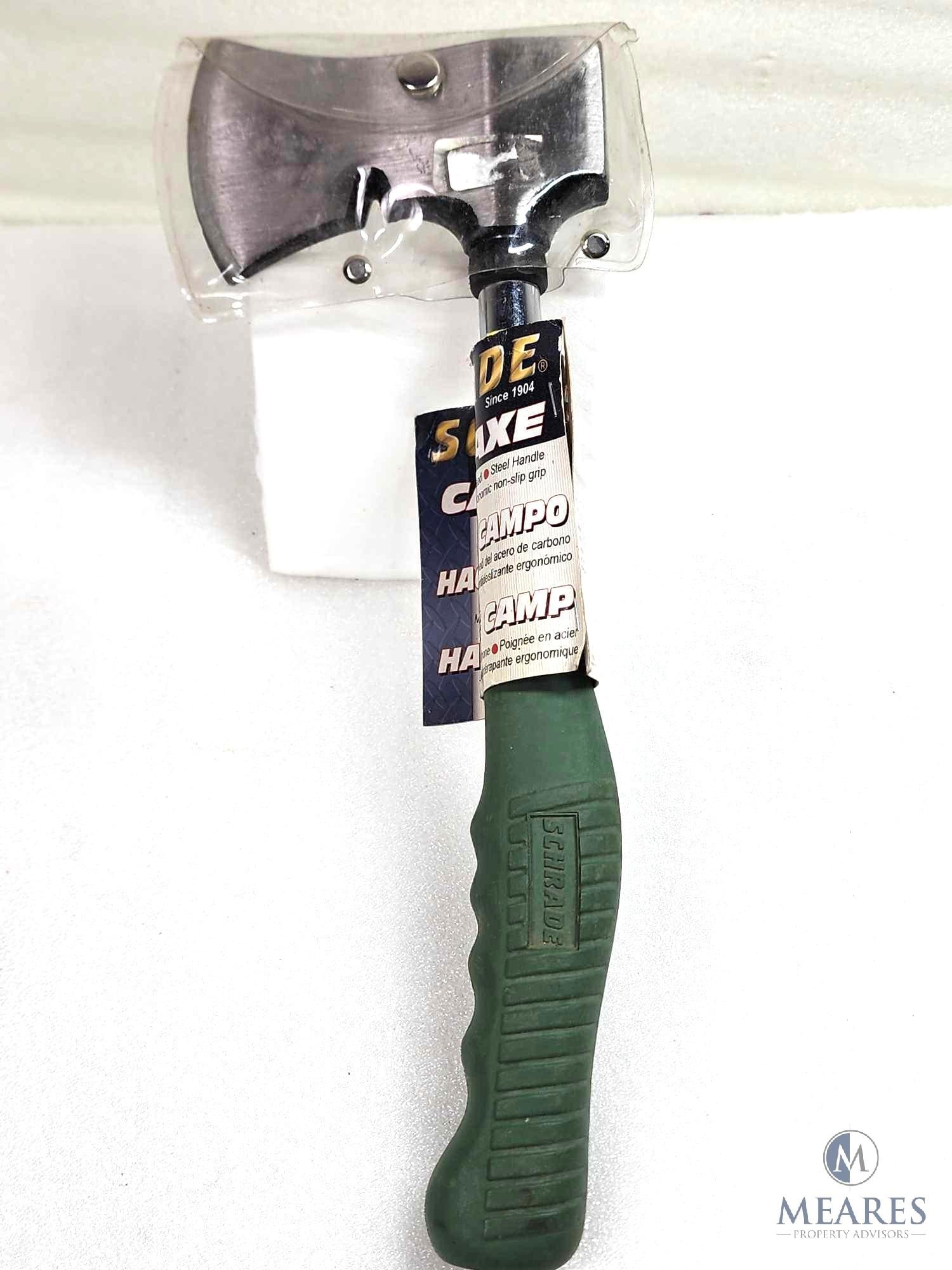 New Schrade Camp Axe: Drop-forged carbon steel. Steel handle with ergonomic grip.