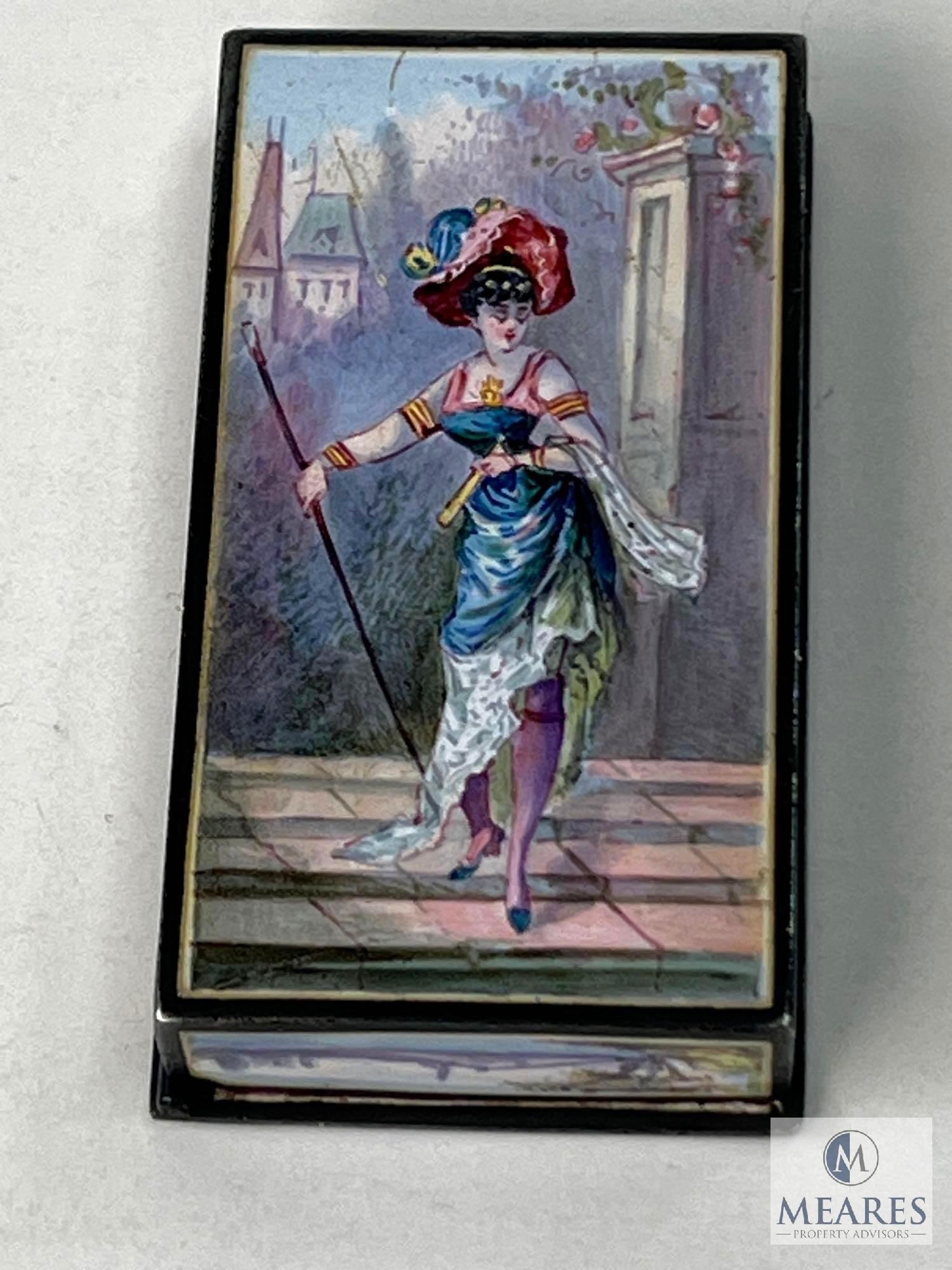 Miniature Pill Box with Victorian Scene Inside and Out: Measures approximately 1.5 inches by 0.5 inches Excellent overall condition