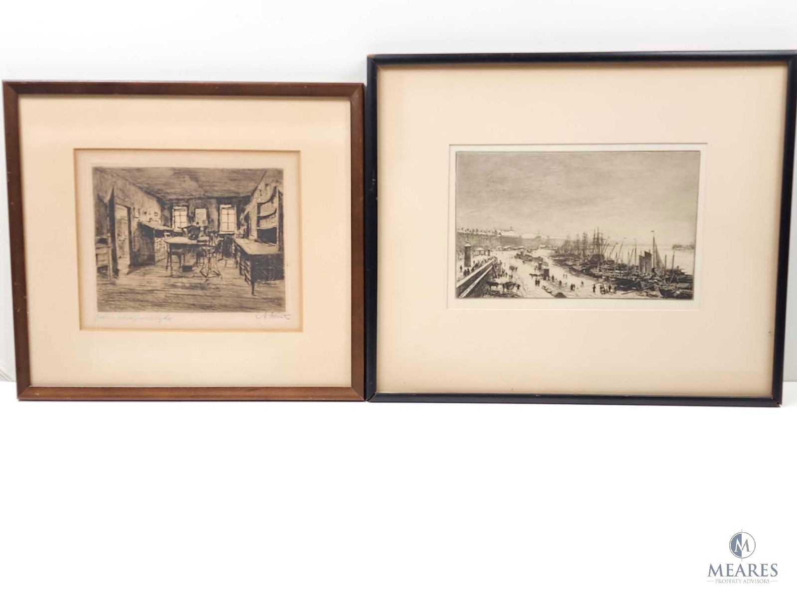 Framed Anton Schutz "Goethes Arbeitzimmer" and Maxime Lalanne "Bordeaux" Etchings: Pieces measure 13 x 11.5 and 15 x 12.5 framed. Were not removed from frames for further inspection.