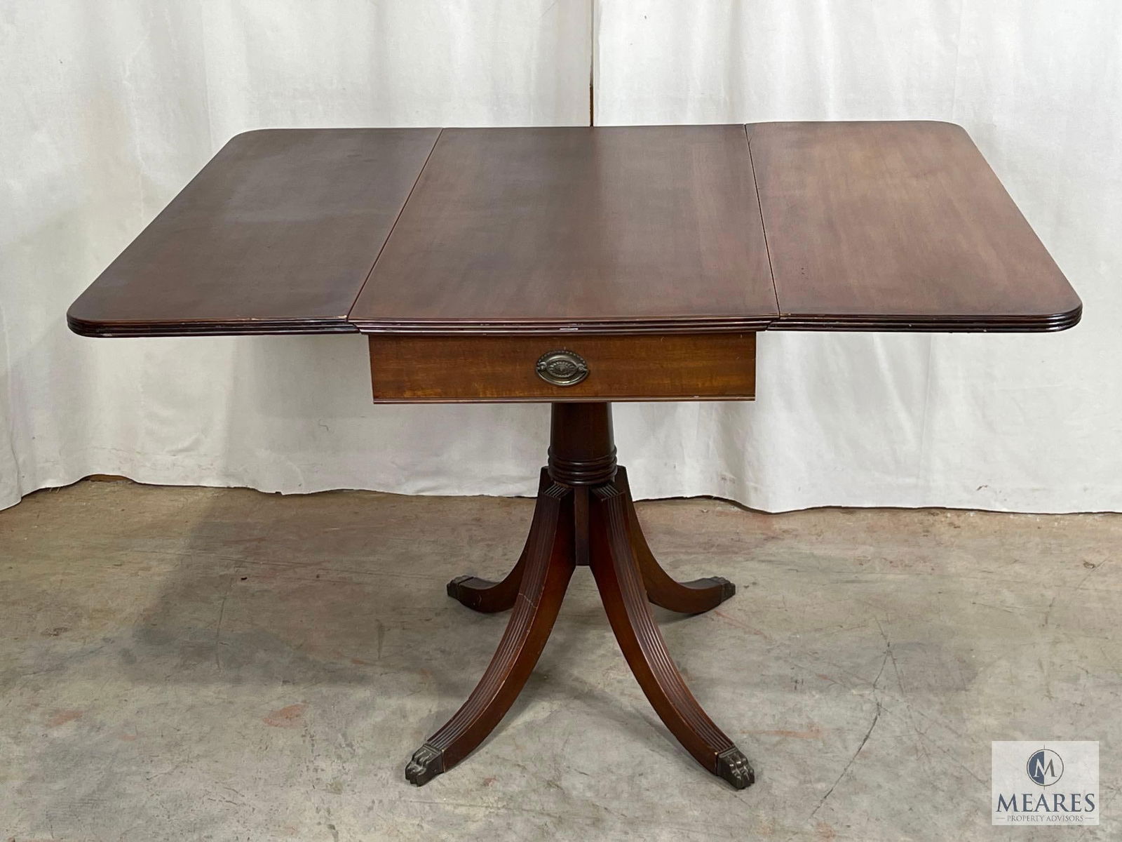 Duncan-Phyfe Style Drop Leaf Mahogany Table: Table measures 45"x37"x29.5". Local pickup only. No shipping.