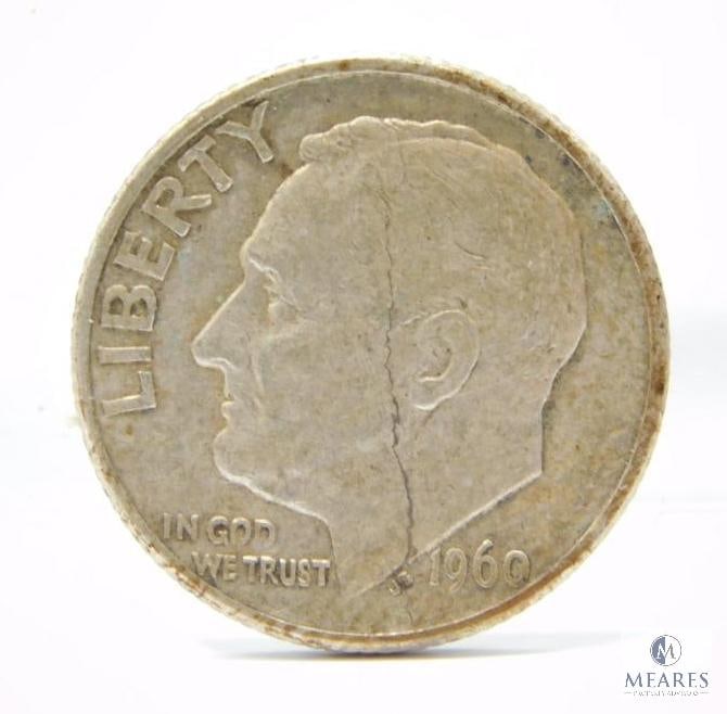 1960-D Roosevelt Dime, Die Break Error Across Entire Obv. Noon To 6:00:  