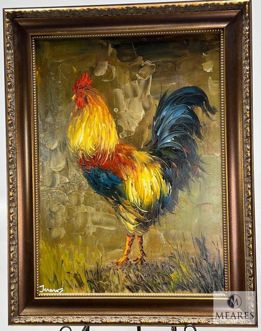 Framed and Signed Rooster by Hasan Oil on Canvas: Signed lower left. Measures 28 x 36 framed. Artwork was not removed from frame for further inspection.