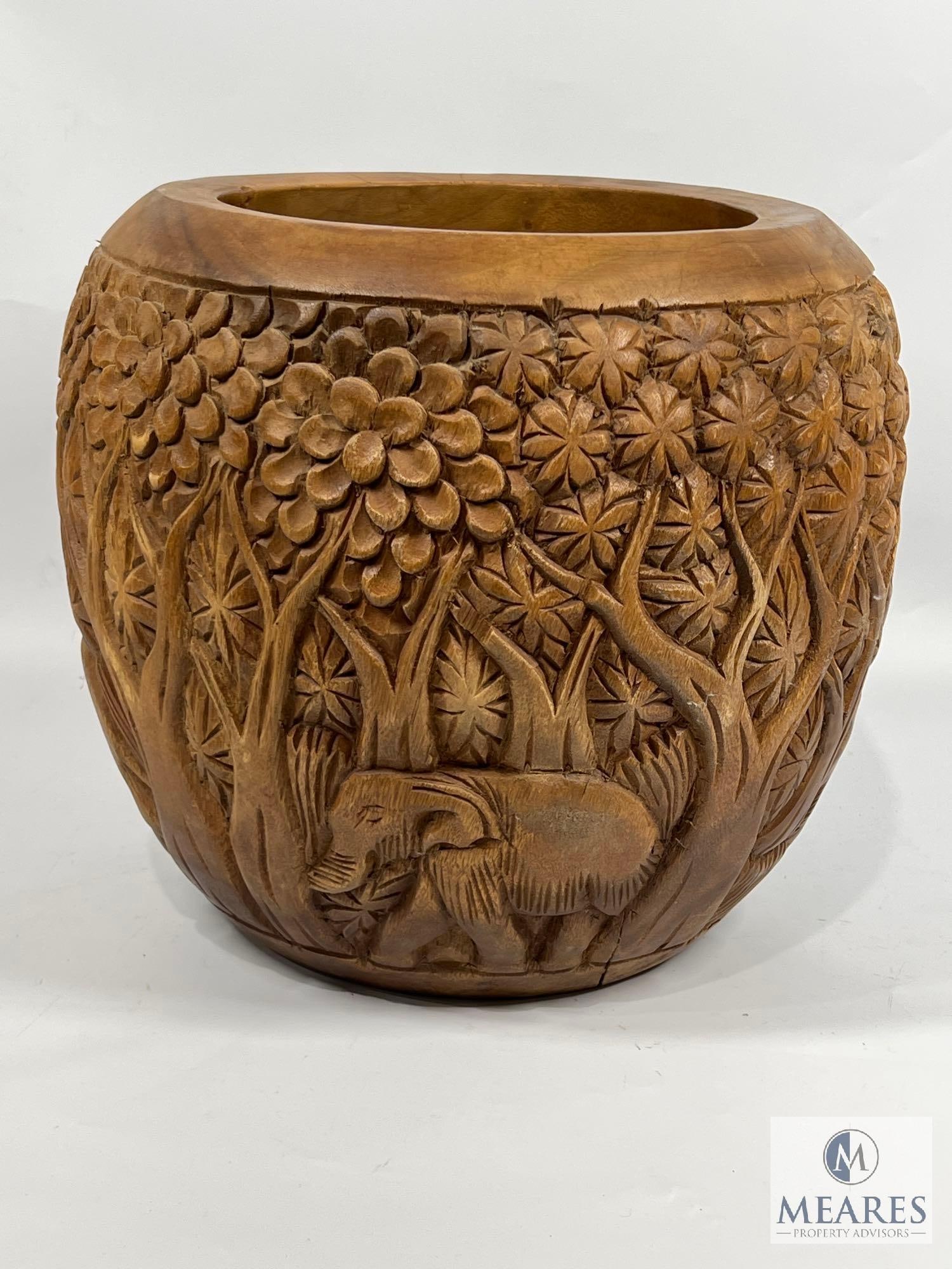 Beautiful Wood Carved 13" Elephant Scene Planter: Appears to be solid turned and carved piece. One small area of damage noted.