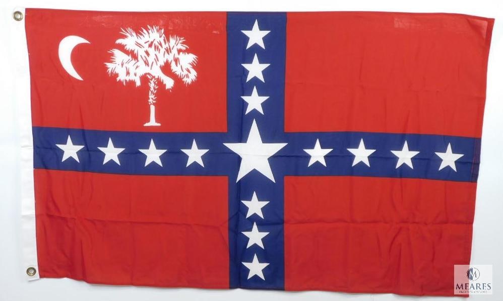 3'x5' South Carolina Sovereignty Secession Flag with Two Brass Grommets: Unless otherwise noted, this flag is in used condition and was used for display purposes at reenactments or ceremonies for various organizations/associations. Flags in this auction are modern reproduc