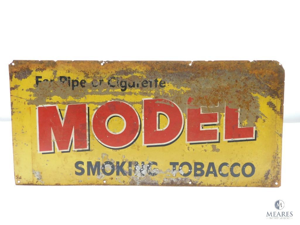 Single-sided Tin Lithograph Model Smoking Tobacco Sign: Measures approximately 24 x 11 inches Paint is missing from the front, surface rust is present and there is damage as shown in photos. This item can be shipped. The UPS Store in Taylors, SC, will hand