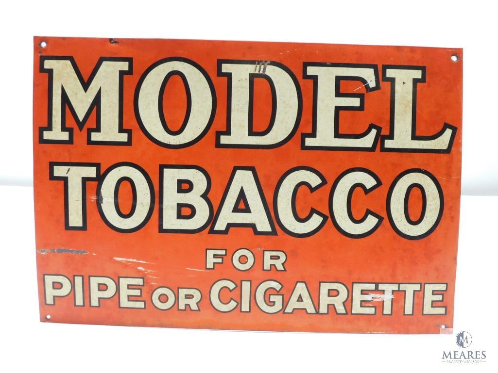 Single-sided Tin Lithograph Model Tobacco for Pipe or Cigarette Sign: Measures approximately 19 x 13 inches Some scratches and surface rust showing 68-V is showing on reverse of the sign This item can be shipped. The UPS Store in Taylors, SC, will handle the shipping of