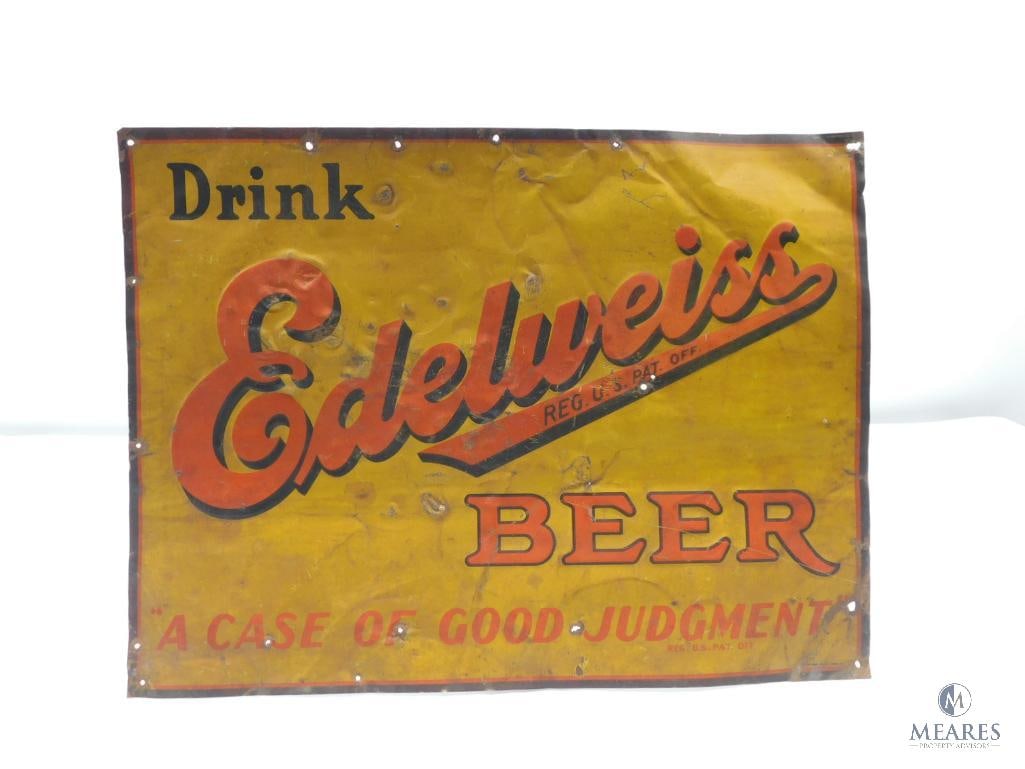 Single-sided Embossed Tin Lithograph Drink Edelweiss Beer, A Case of Good Judgement Sign (1 of 4)